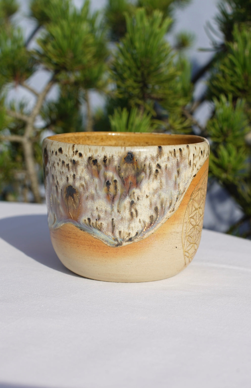 Cocoa ceremony mug with flower of life 24 carat gold