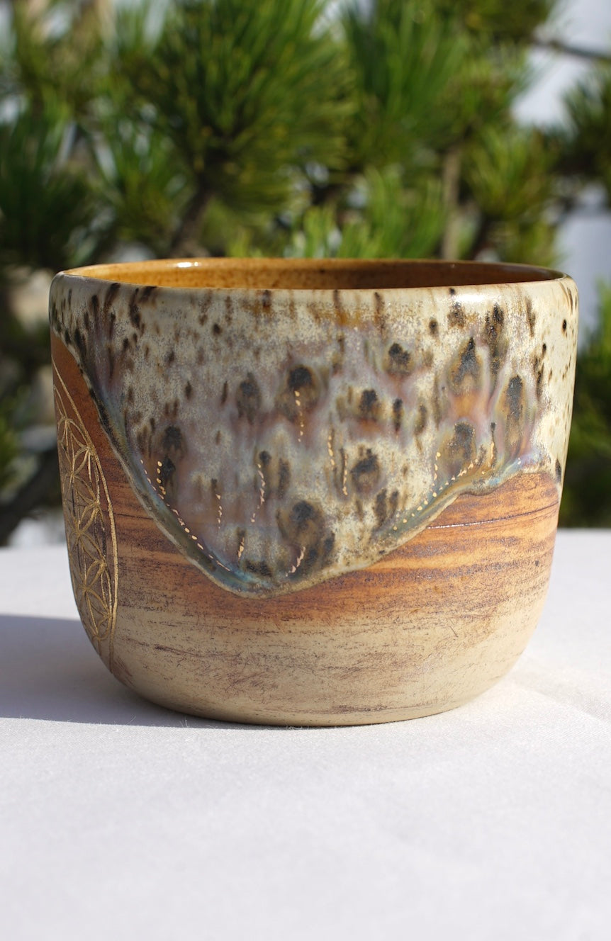 Cocoa ceremony mug with flower of life 24 carat gold