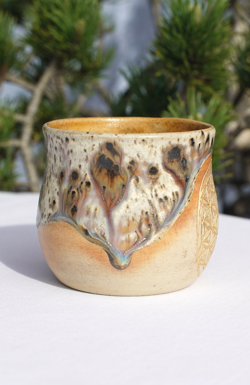 Set für Kakaozeremonie - 6 Becher aus Agnihotra-Keramik mit 24 Karat Gold