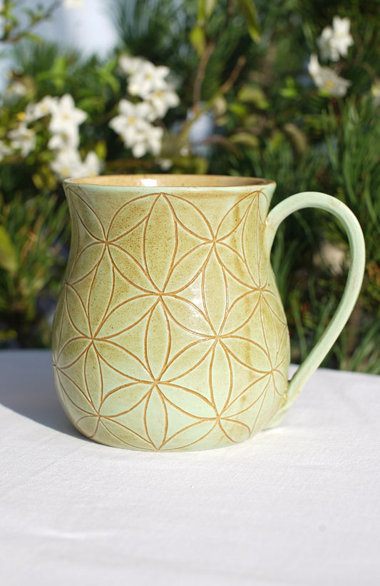 Flower of life mug light green sgraffito