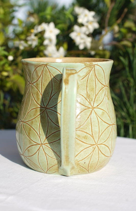 Flower of life mug light green sgraffito