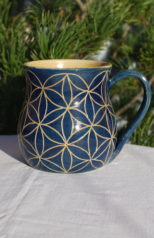 Flower of life mug blue sgraffito