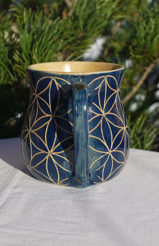 Flower of life mug blue sgraffito