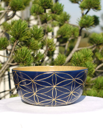 Bol à céréales XL-bleu avec Fleur de vie or véritable
