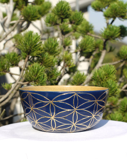 Bol à céréales XL-bleu avec Fleur de vie or véritable