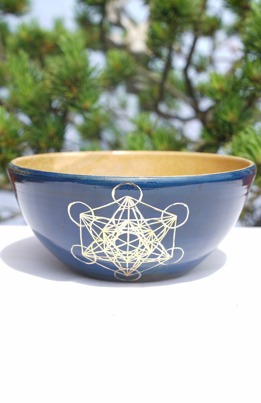 Müslischale blau Metatrons Würfel in 24 Karat Gold