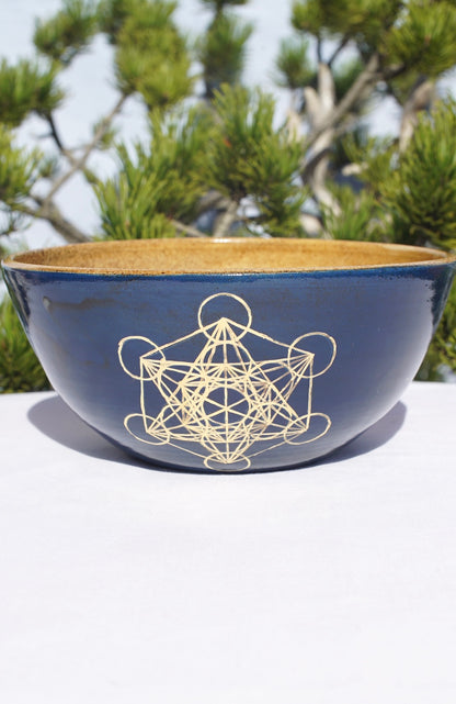 Müslischale blau Metatrons Würfel in 24 Karat Gold