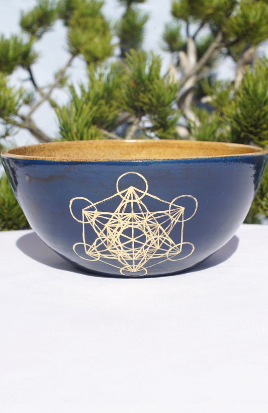 Müslischale blau Metatrons Würfel in 24 Karat Gold