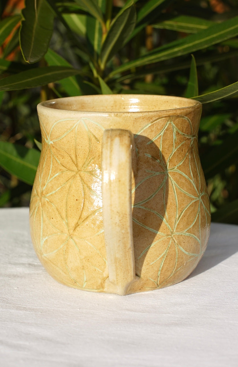 Flower of life mug light green sgraffito