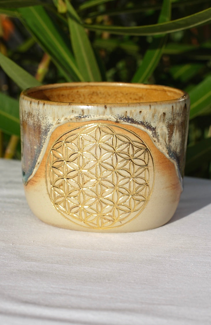 Cocoa ceremony mug with flower of life 24 carat gold