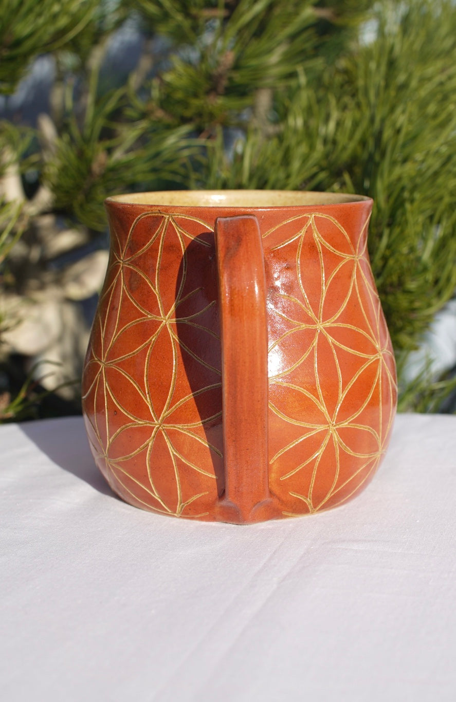 Flower of life cup cinnamon sgraffito