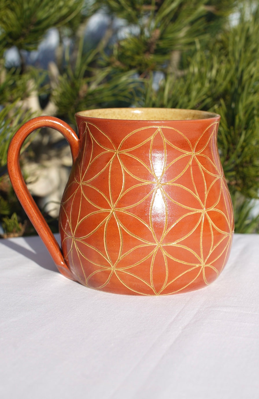 Flower of life cup cinnamon sgraffito