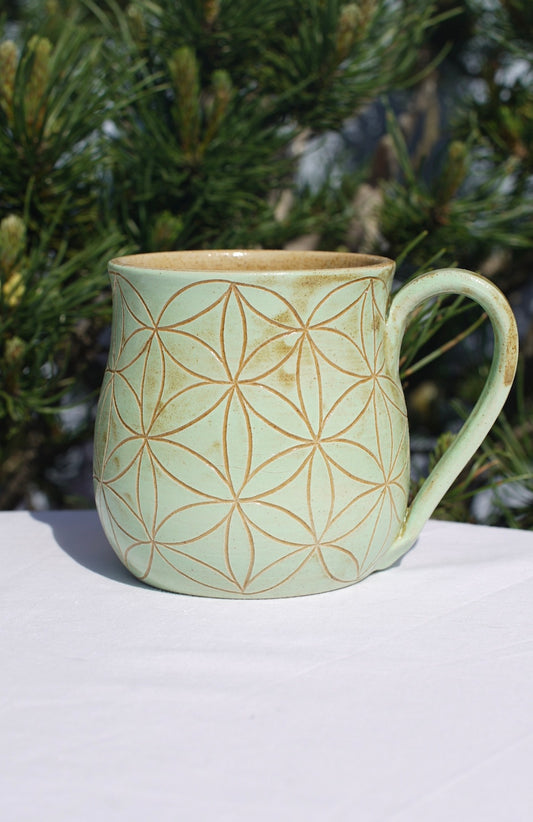 Flower of life mug light green sgraffito