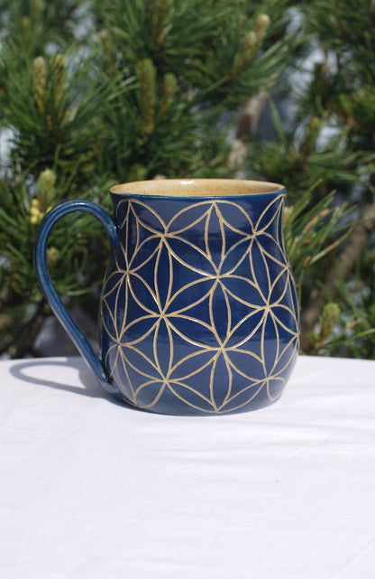 Flower of life mug blue sgraffito