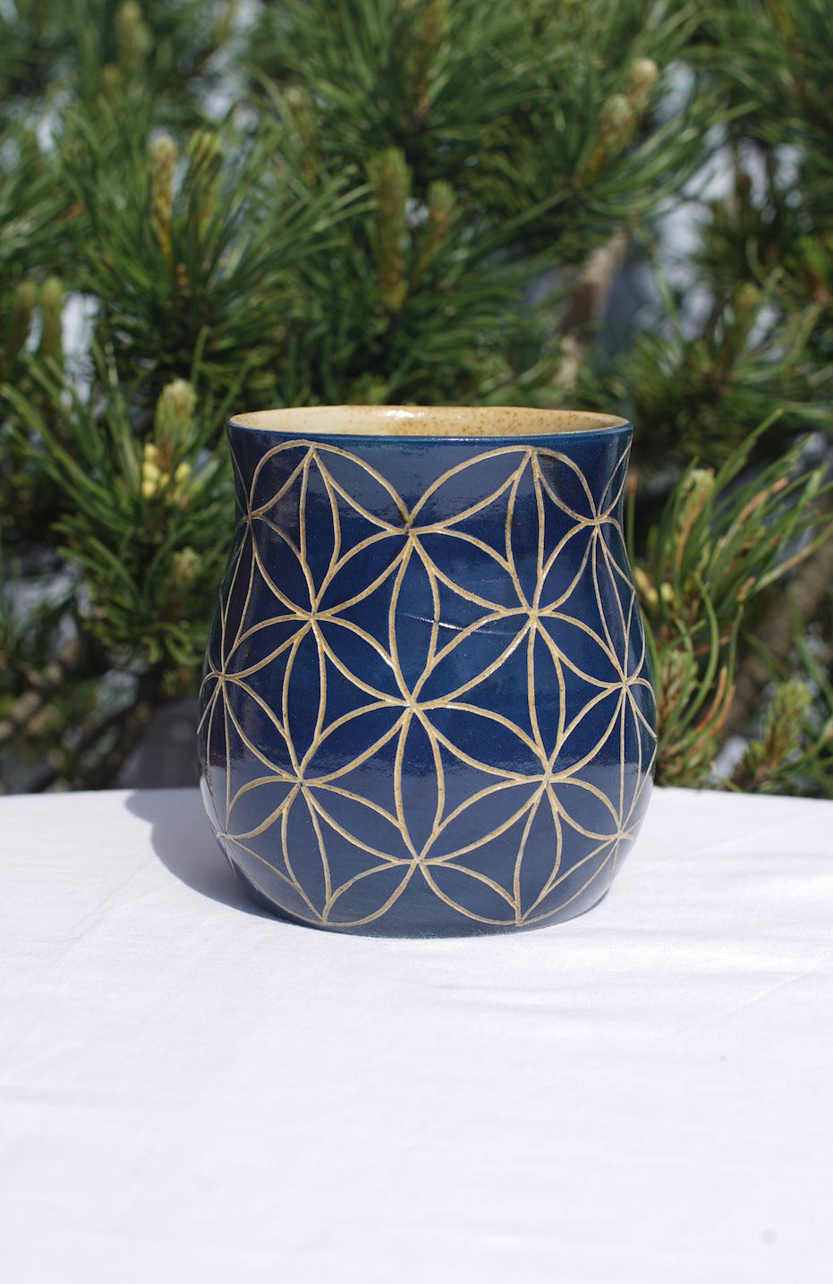Flower of life mug blue sgraffito