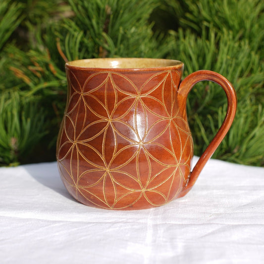 Flower of life cup cinnamon sgraffito